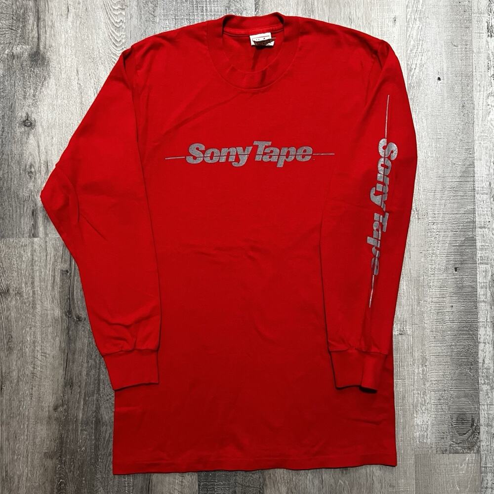 VTG Sony Tape Long Sleeve 80s T Shirt Red Single Stitch Media Music Cassette USA